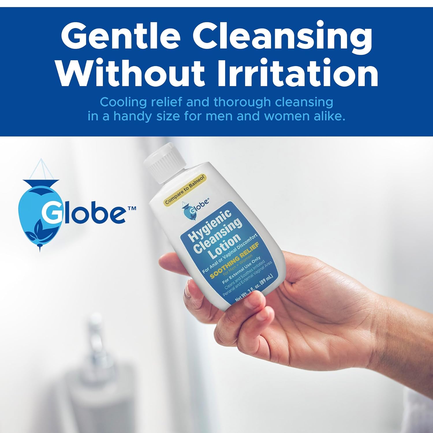 Globe Hygienic Cleansing Lotion for Men and Women -Discomfort, Pain & Itch Relief for Sensitive Areas, Cooling, Non-Irritating Gentle Personal Care Cleanser, Convenient for Travel, 3oz Bottle