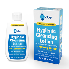 Globe Hygienic Cleansing Lotion for Men and Women -Discomfort, Pain & Itch Relief for Sensitive Areas, Cooling, Non-Irritating Gentle Personal Care Cleanser, Convenient for Travel, 3oz Bottle