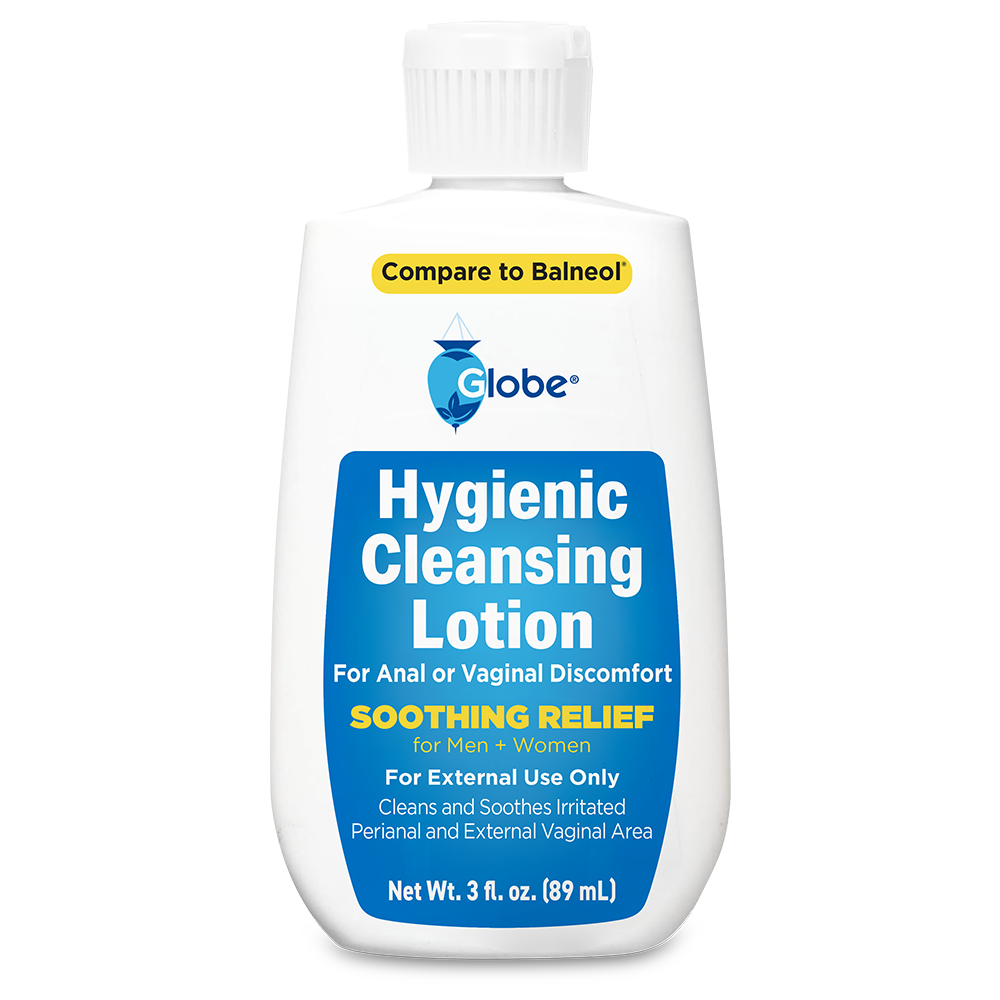 Globe Hygienic Cleansing Lotion for Men and Women -Discomfort, Pain & Itch Relief for Sensitive Areas, Cooling, Non-Irritating Gentle Personal Care Cleanser, Convenient for Travel, 3oz Bottle