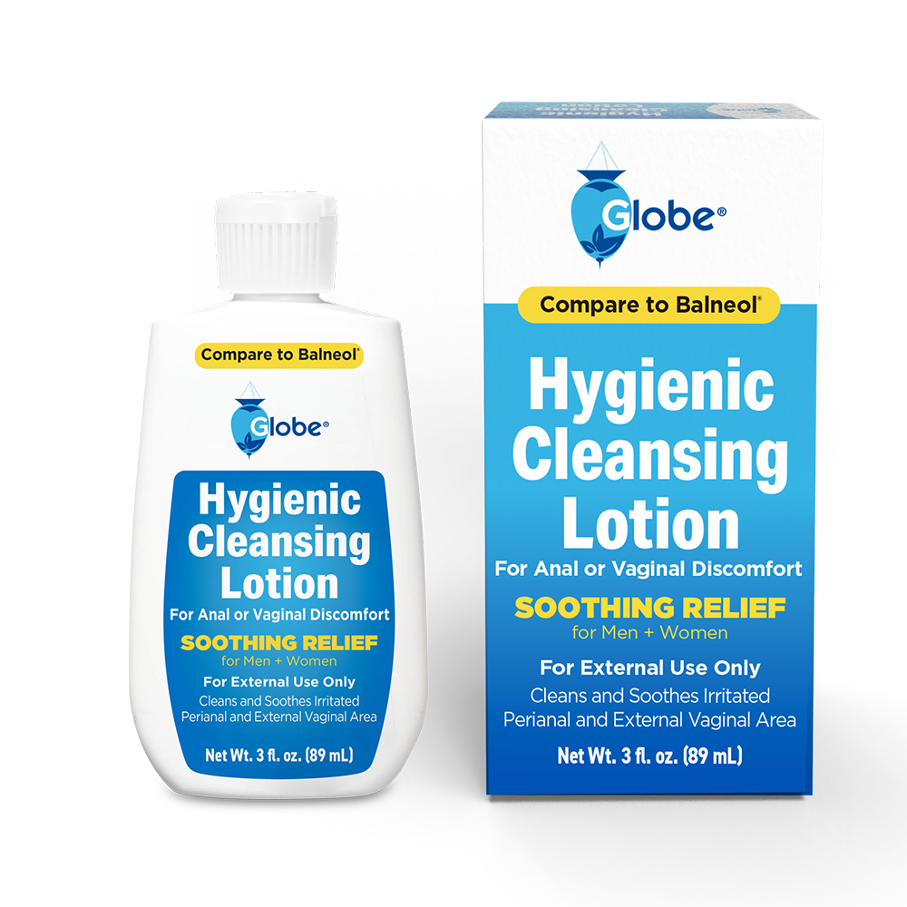 Globe Hygienic Cleansing Lotion for Men and Women -Discomfort, Pain & Itch Relief for Sensitive Areas, Cooling, Non-Irritating Gentle Personal Care Cleanser, Convenient for Travel, 3oz Bottle