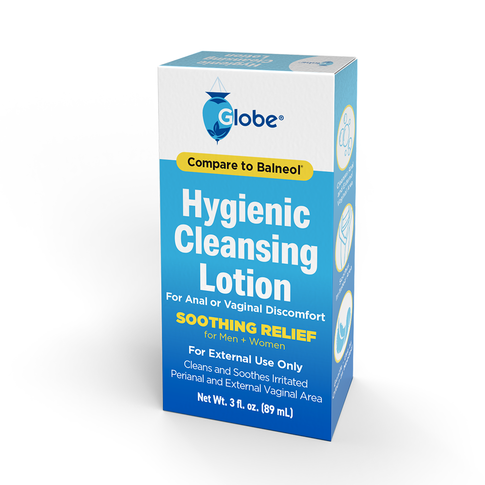 Globe Hygienic Cleansing Lotion for Men and Women -Discomfort, Pain & Itch Relief for Sensitive Areas, Cooling, Non-Irritating Gentle Personal Care Cleanser, Convenient for Travel, 3oz Bottle