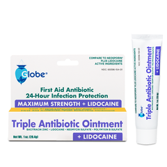 Globe First Aid Antibiotic Ointment + Lidocaine 1 Oz - Maximum Strength Pain Relief & Infection Protection - Numbs Skin Fast with Bacitracin Zinc - Emergency Use & Infection Protection